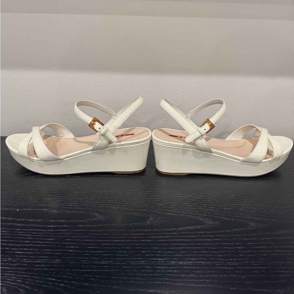 Prada Patent Leather White Wedge Sandals - Size 38